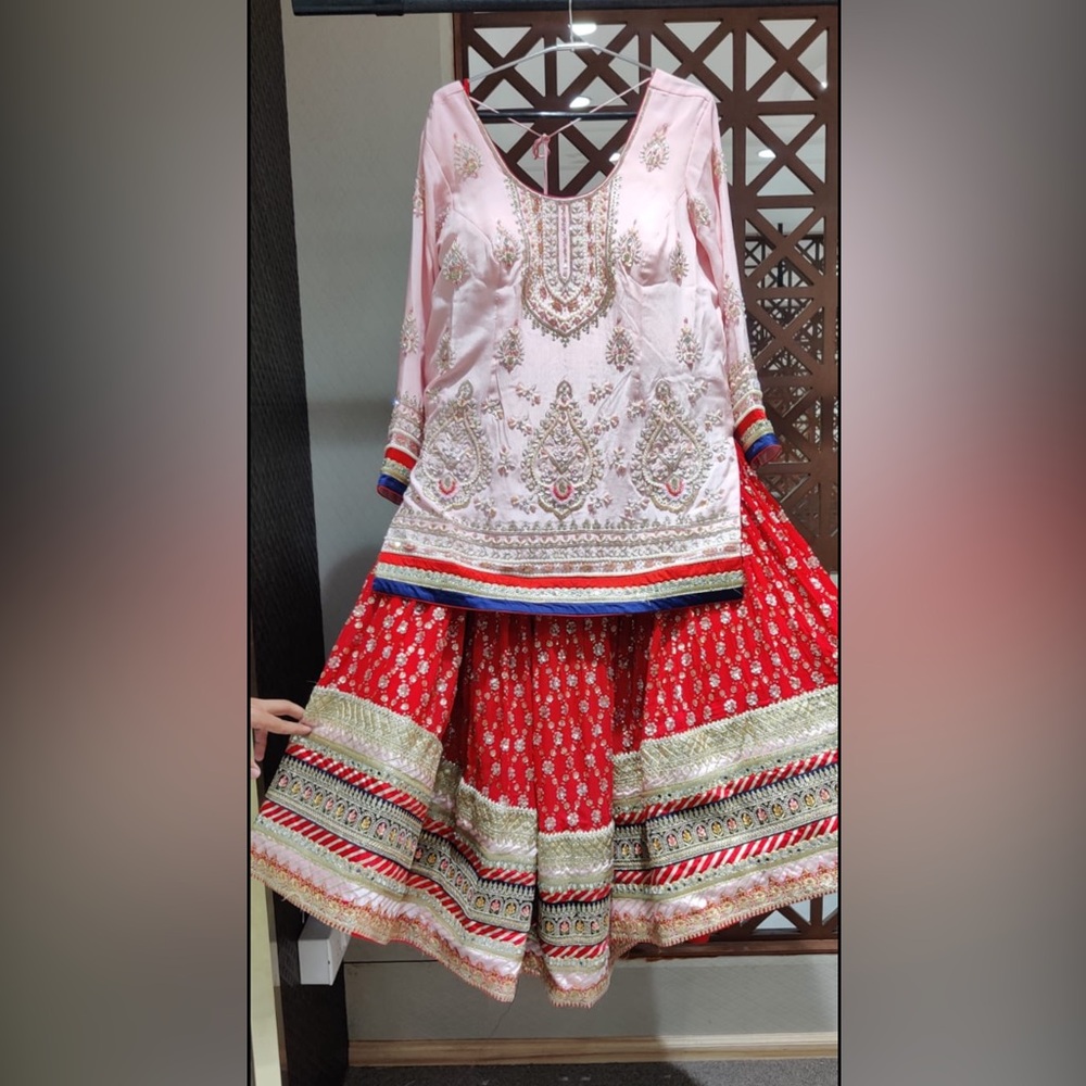 Embroidered Pink and Red Lehenga